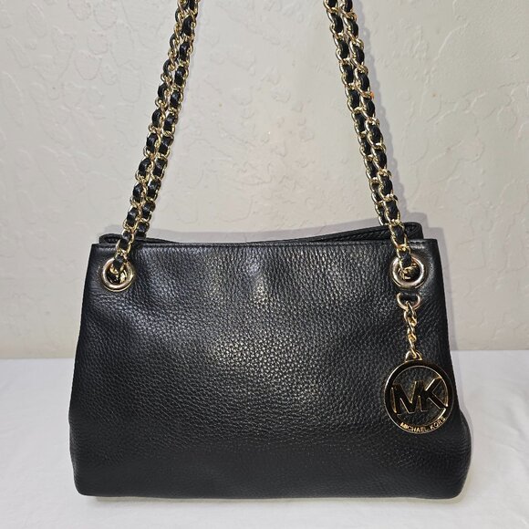 Michael Kors Jet Set Gold Chain Black Pebble Grain Leather Medium Shoulder Bag - Picture 1 of 13